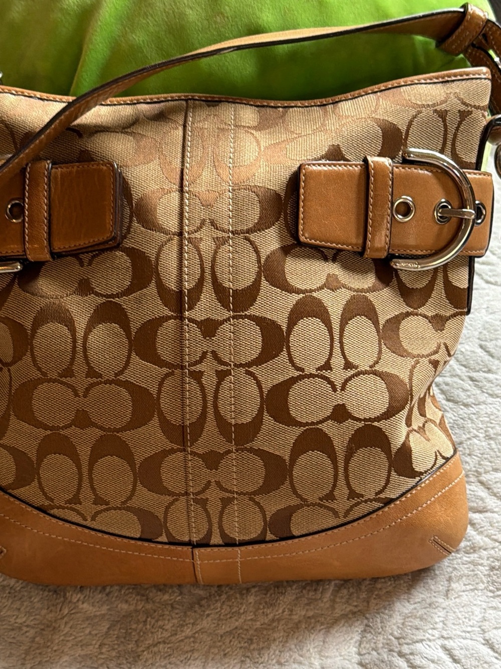 Coach Brown Signature Canvas Shoulder Bag with Leather Trim